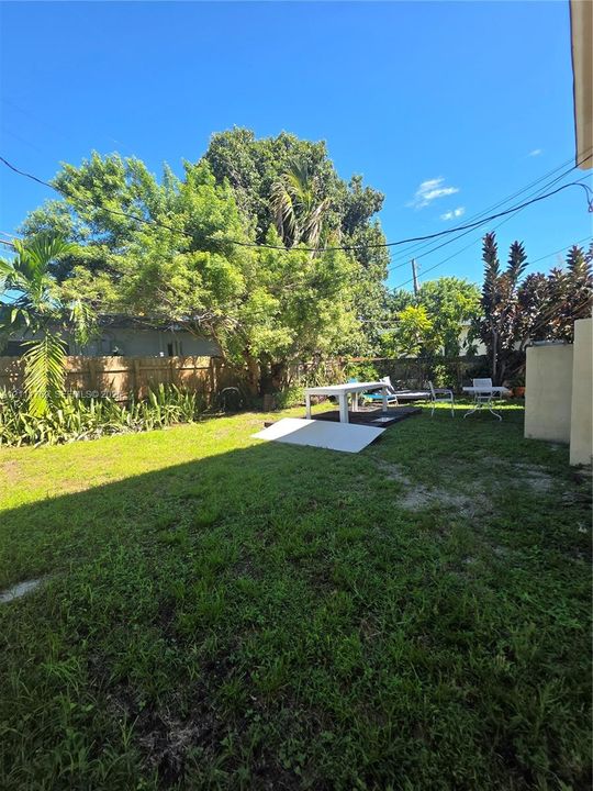 Private backyard featuring a grass lawn, perimeter wood fencing, and mature trees