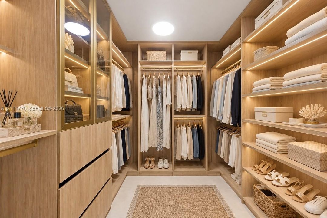Walk-in closet featuring custom wood-finish cabinetry, integrated linear LED shelving illumination, gold-tone metal hardware, and glass-front display enclosures