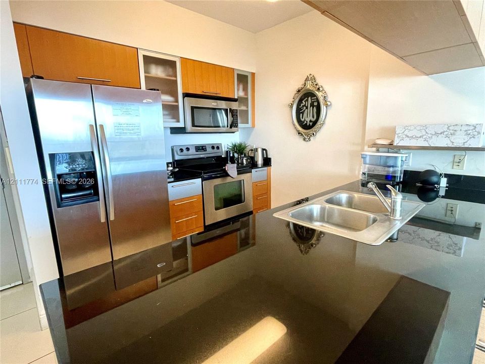 Kitchen featuring wood cabinetry, stainless steel appliances, dark stone-finish countertops, and a dual-basin undermount sink