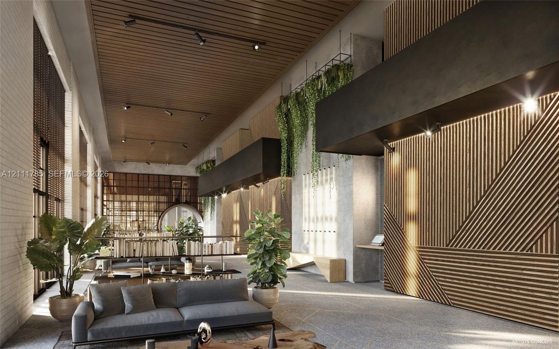 Expansive interior featuring linear wood slat wall paneling, slatted wood ceilings, exposed concrete-style columns, matte black architectural soffits, and adjustable track lighting