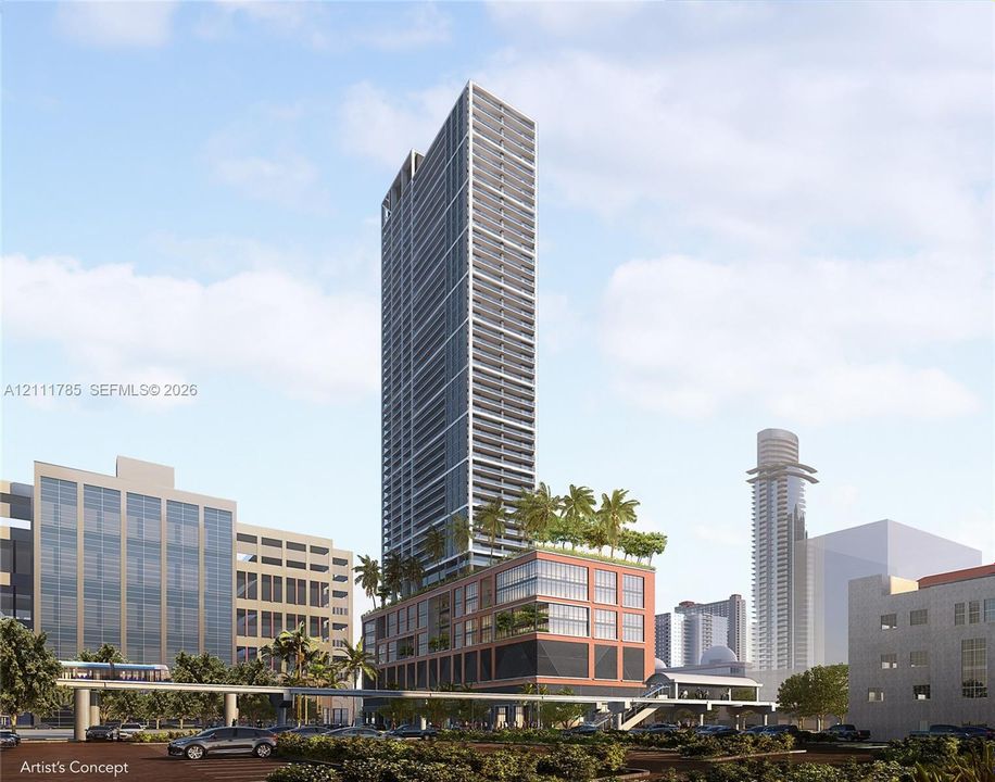 High-rise architectural exterior featuring glass curtain walls, integrated balconies, multi-level podium base, and an elevated terrace with mature palm landscaping