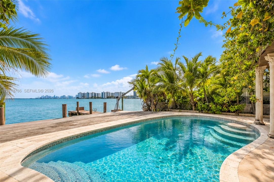 Waterfront swimming pool with natural stone decking, integrated stairs, wood-finish dock, and tropical landscaping