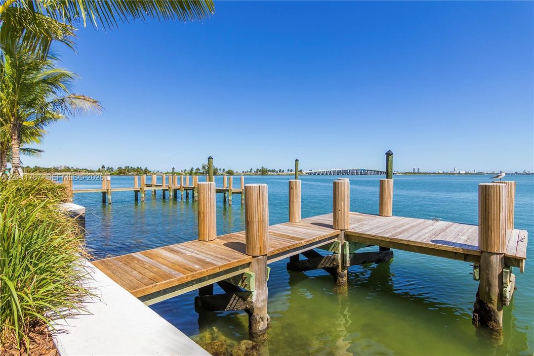 Private wood-plank dock featuring structural pilings, integrated concrete bulkhead, and native coastal landscaping