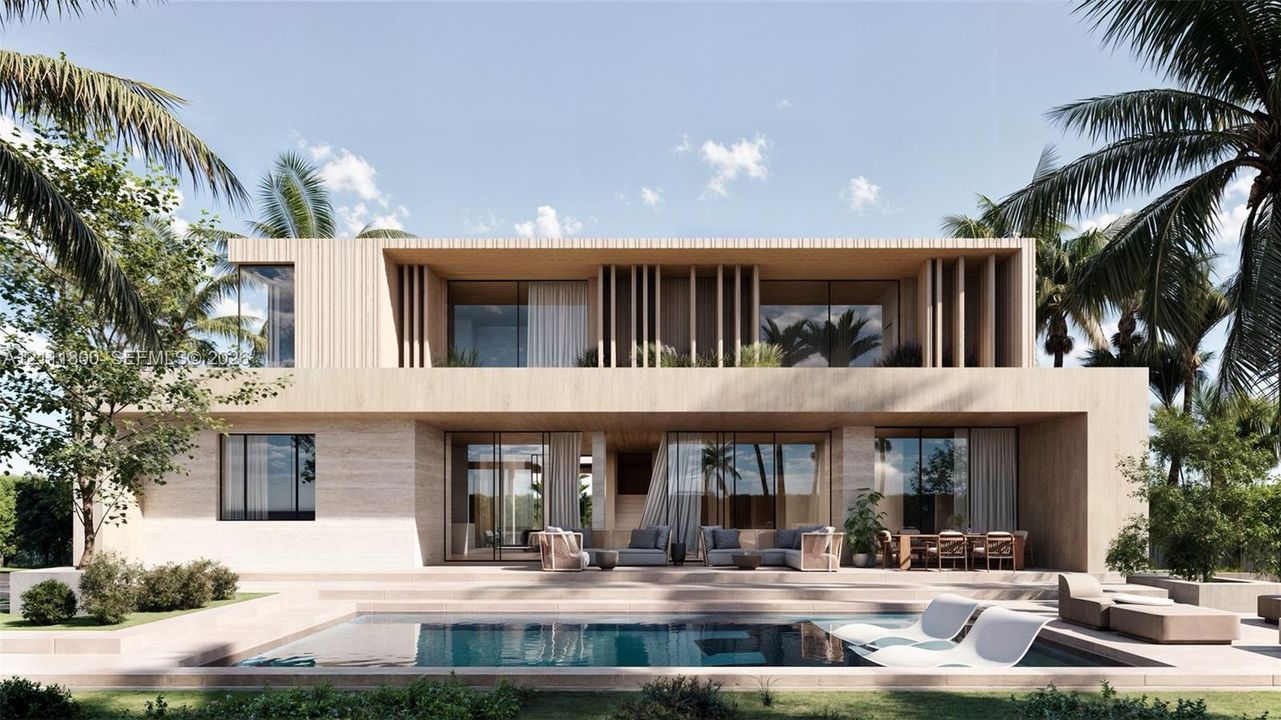 Modern two-story exterior featuring light-toned masonry, vertical wood-finish slats, expansive glass sliding doors, and an integrated swimming pool with a stone-paved patio