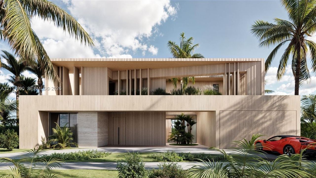 Contemporary two-story exterior featuring light-toned wood cladding, vertical slatted architectural accents, a second-level cantilevered balcony, and integrated recessed ground-level landscaping