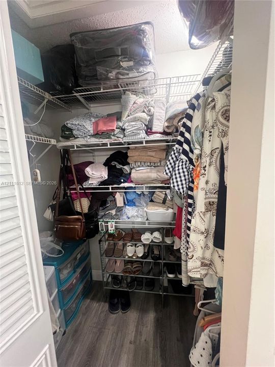 Walk-in closet featuring wood-finish flooring and multi-tier wire shelving