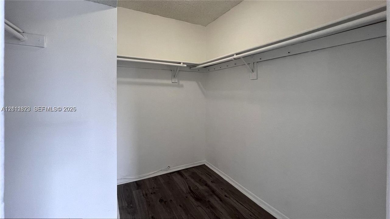 Walk-in closet featuring wood-finish flooring, white walls, and built-in tiered shelving with hanging rods