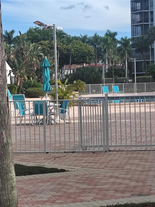 Swimming pool area featuring a paver stone deck, white metal perimeter fencing, and established palm tree landscaping