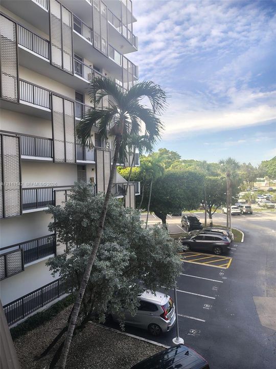High-rise building exterior featuring tiered balconies with decorative metal privacy screens, mature palm trees, and ground-level parking
