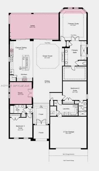 Floor Plan - Additional Highlights Include: Impact windows, tray ceiling pkg, 8' interior doors, under counter beverage fridge at casual dining, pre-plumb for future laundry sink, outdoor kitchen rough-in, upgraded white matte cafe appliances, 6 burner gas cooktop, upgraded whit cabinetry and laminate floors, and upgraded tile floor at bathrooms