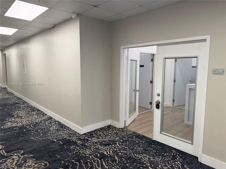 Entryway featuring a single door with a glass inlay, neutral wall paint, wood-finish flooring, and drop ceiling panels with recessed lighting