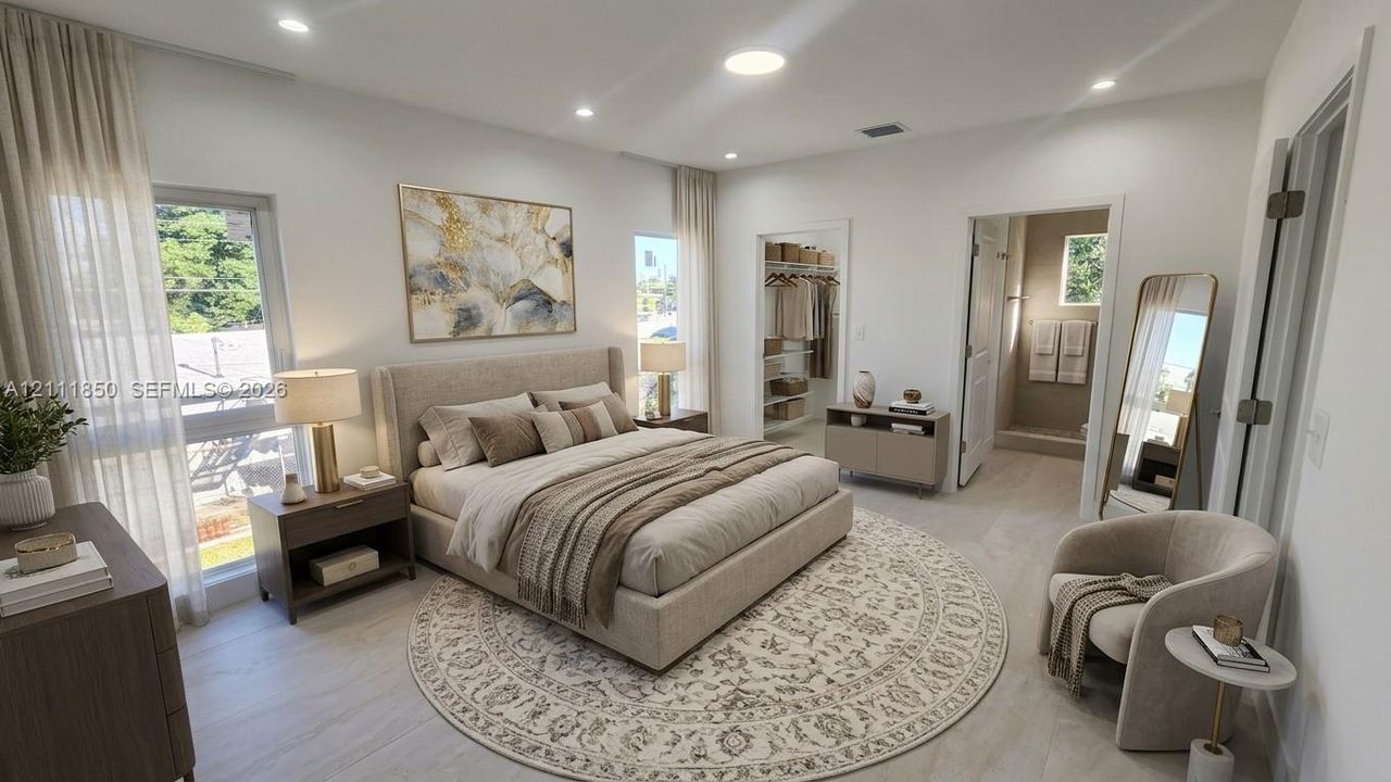 Neutral-toned room featuring recessed lighting, light-colored tile flooring, multiple windows with full-length curtains, and an entry to a walk-in closet