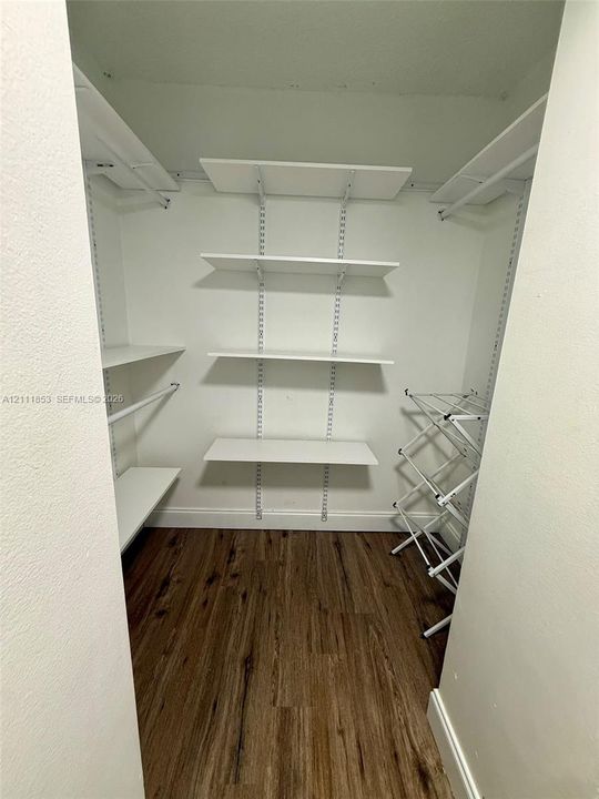 Walk-in storage featuring wood-finish flooring and adjustable wall-mounted shelving units