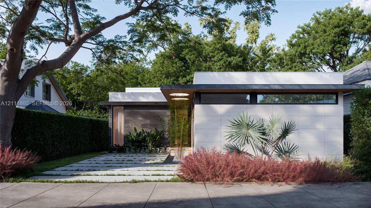 Modern flat-roof architecture featuring light-toned panel cladding, horizontal clerestory windows, an extended roof overhang, and a paved geometric driveway