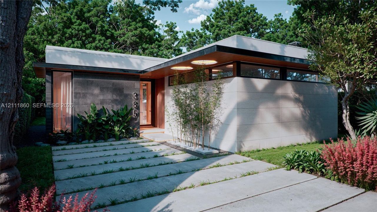 Modern architectural exterior featuring smooth stone facade, dark textured stone accents, clerestory windows, cantilevered roofline with wood-toned soffits, and geometric concrete paver driveway