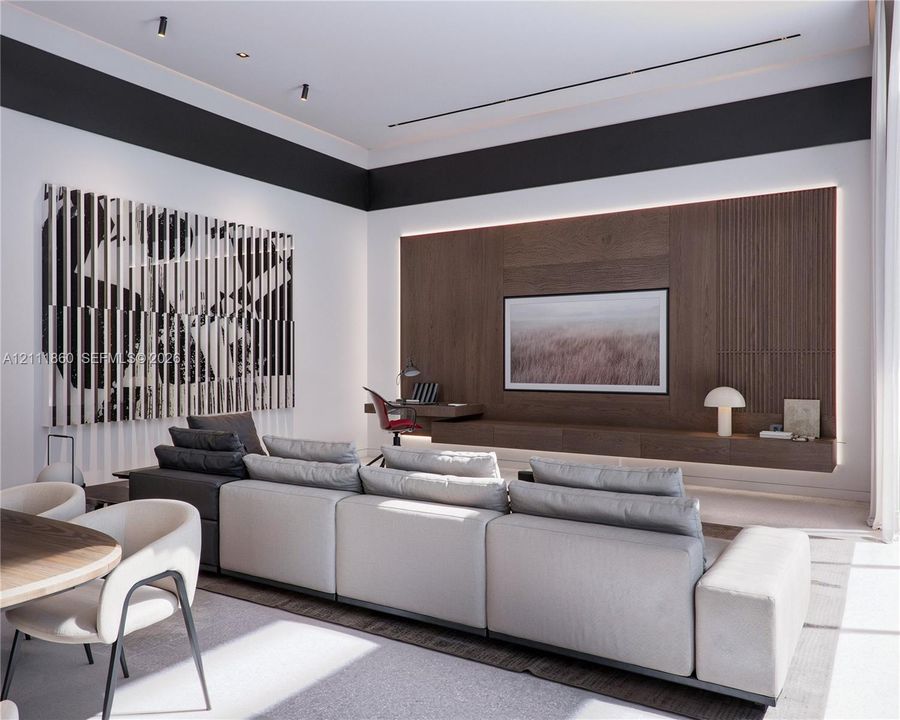 Wood-paneled accent wall featuring integrated recessed cabinetry, ambient perimeter lighting, and a linear floating desk