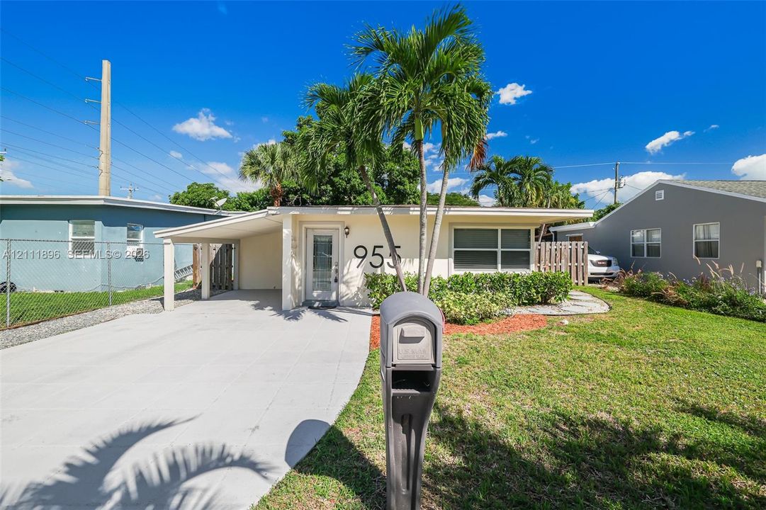 Single-story exterior featuring a concrete carport, front-facing windows with frame detailing, landscaped greenery, and mature palm trees