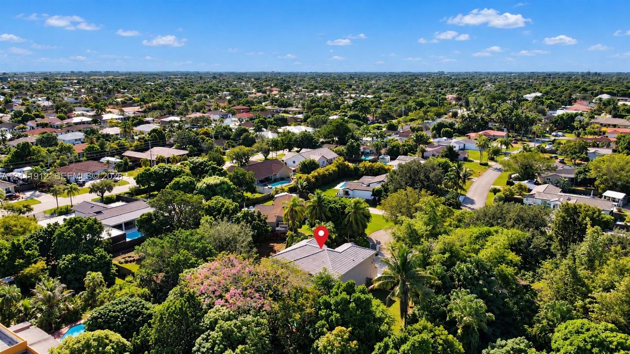 Aerial perspective featuring a low-slope roof structure surrounded by mature trees and dense residential landscape