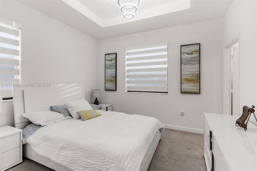 Bedroom featuring a tray ceiling, contemporary tiered flush-mount lighting, and dual-layered window shades