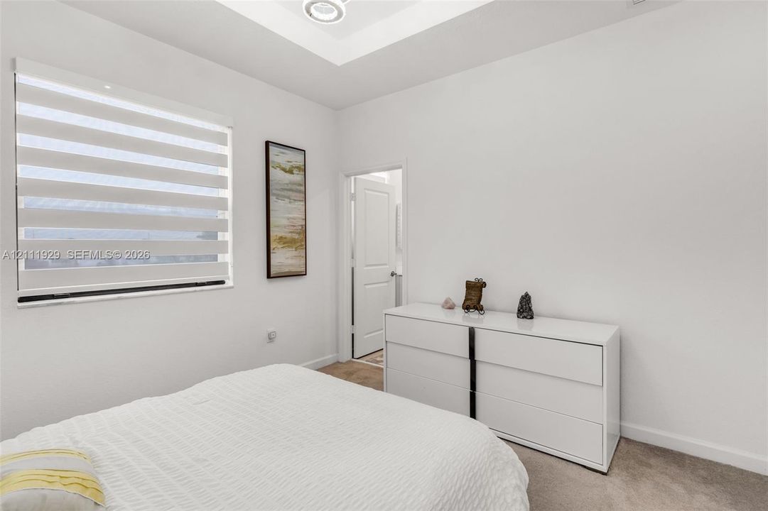 Tray ceiling with recessed lighting, neutral wall palette, dual-tone roller shade, and plush carpeting