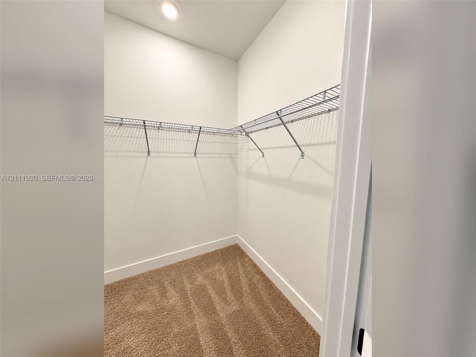 Walk-in storage space featuring wall-to-wall carpeting and tiered metal wire shelving