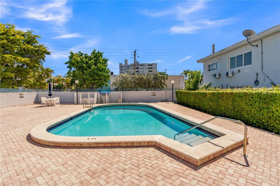 In-ground swimming pool featuring a concrete coping surround, metal handrails, and a surrounding brick-paver patio enclosed by a perimeter wall and privacy hedge