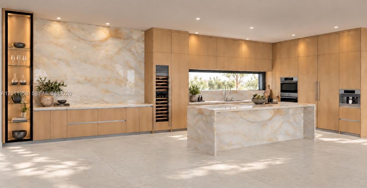 Modern kitchen featuring light wood-finish cabinetry, a large waterfall-edge island, a full-height stone backsplash, integrated wine storage, and built-in stainless steel appliances