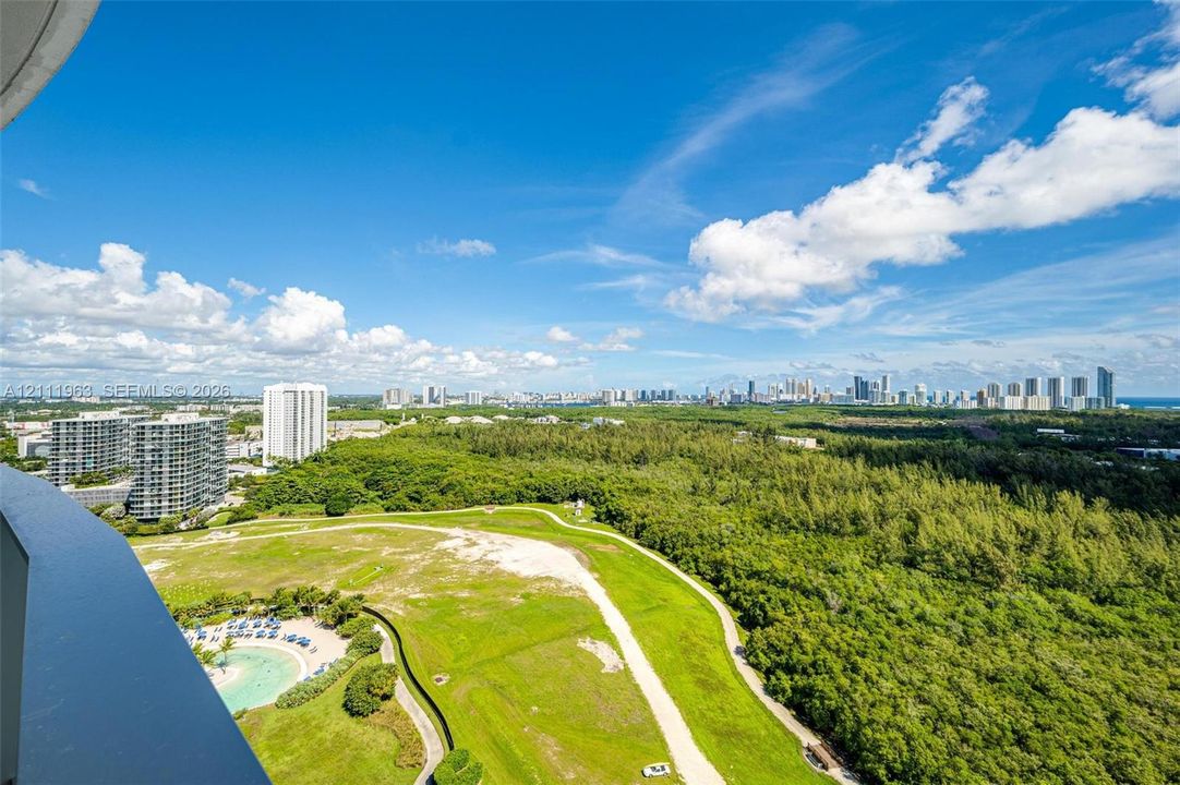 Elevated terrace featuring a panoramic perspective of the cityscape, coastal skyline, dense woodland canopy, and open green space