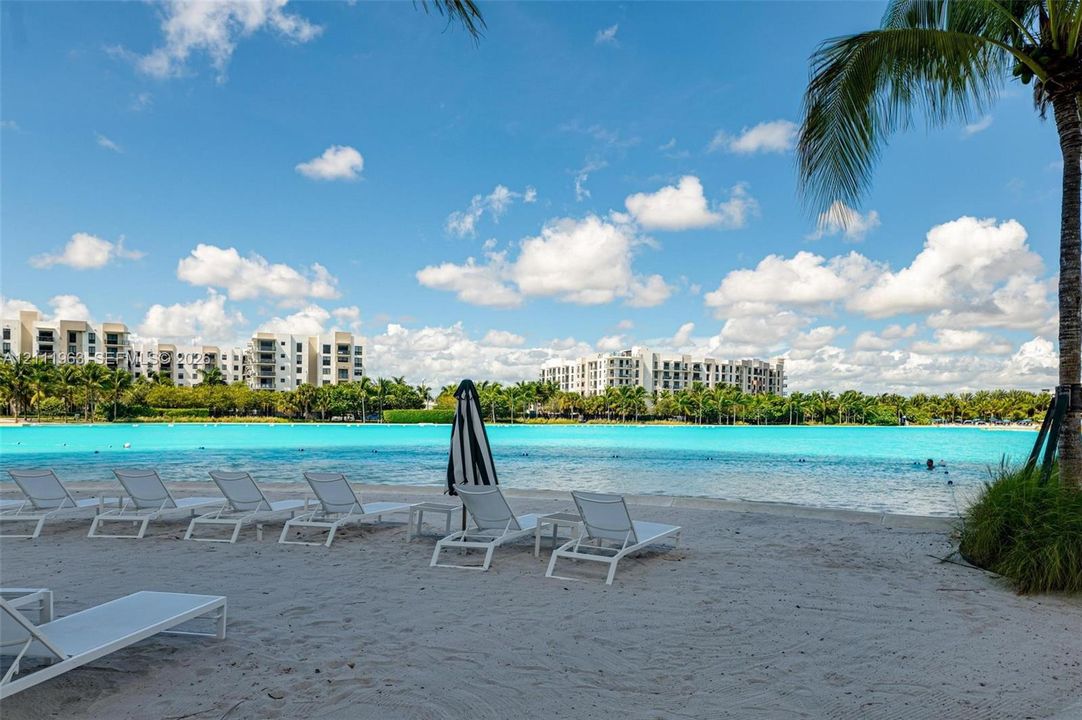 Sandy beach shoreline featuring a clear-water lagoon, tropical landscaping, and mature palm trees
