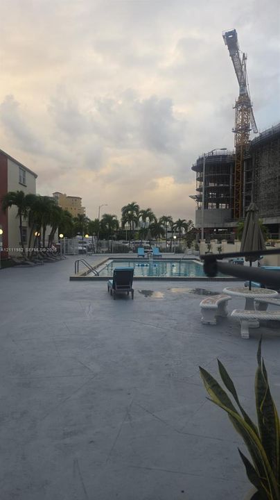 Outdoor swimming pool featuring a concrete deck, metal handrail, and palm tree landscaping