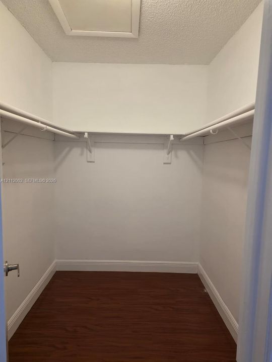 Walk-in storage featuring wood-finish flooring and dual integrated hanging racks with shelving