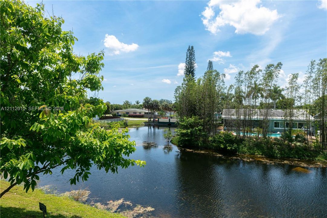 Waterfront parcel featuring a natural pond, mature tree canopy, and established landscaping