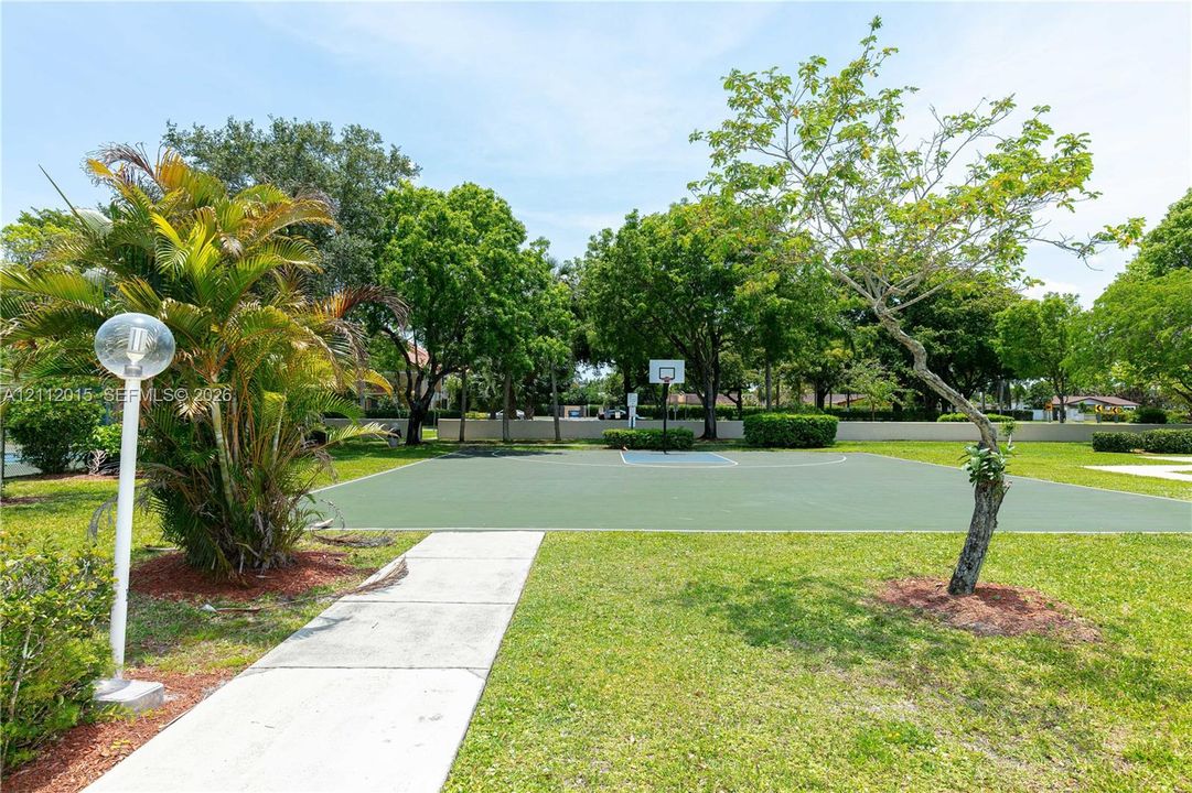 Outdoor recreation area featuring a paved basketball court, concrete pedestrian walkway, manicured lawn, established trees, and globe-style lighting