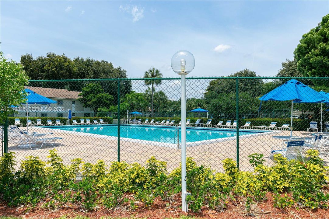 Swimming pool with concrete decking, perimeter chain-link fencing, and mature landscaping