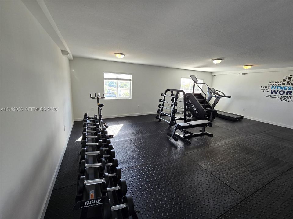 Fitness area featuring rubberized flooring, dual windows, and ceiling-mounted dome lighting