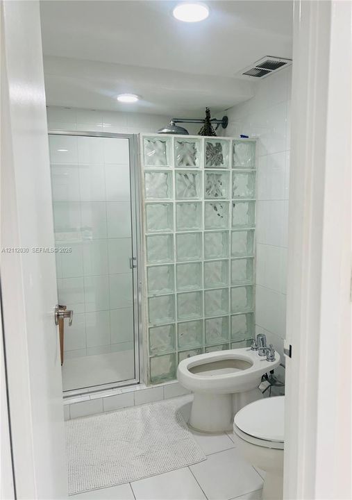 Glass block shower partition, walk-in shower with rainfall showerhead, ceramic tile walls, and bidet