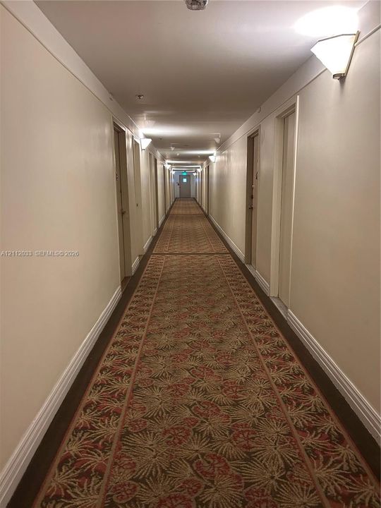 Interior hallway featuring patterned wall-to-wall carpeting, neutral-toned walls, and multiple wall-mounted sconce light fixtures