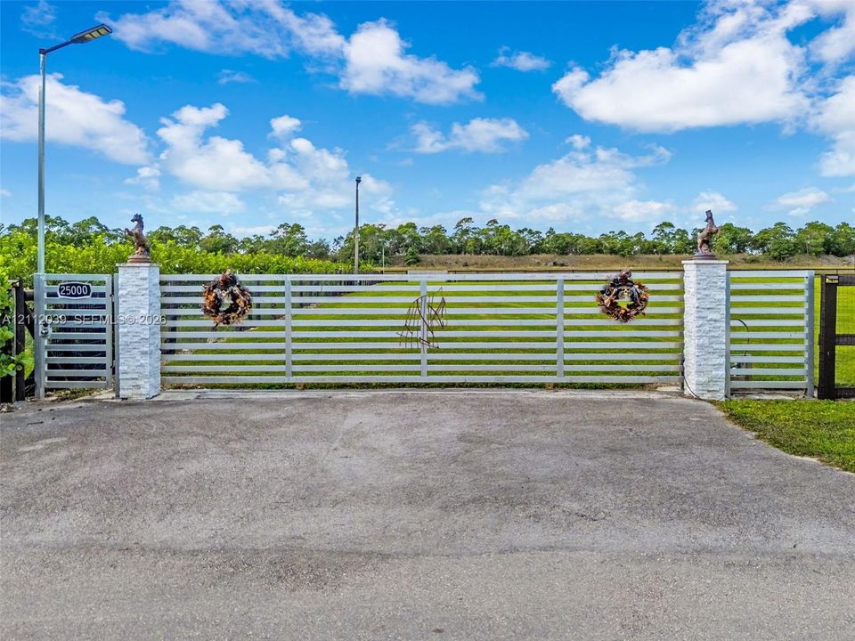 Gated entrance featuring horizontal metal fencing, stone-finish masonry pillars, and asphalt driveway approach