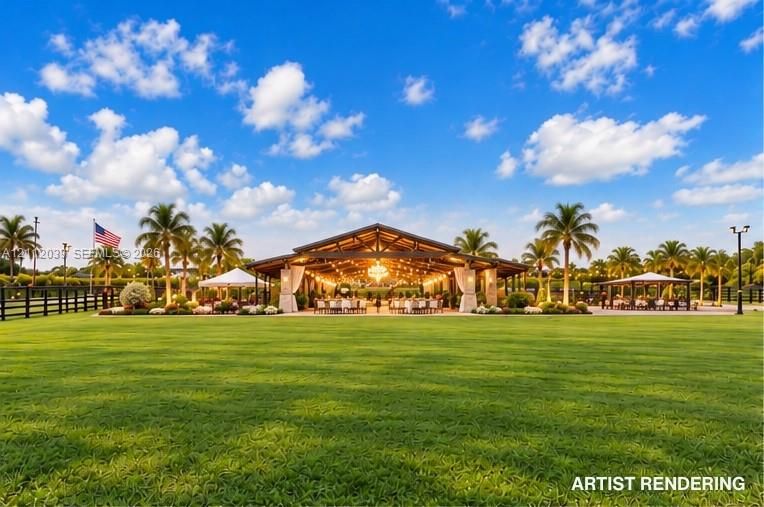 Expansive manicured lawn featuring a timber-frame open-air pavilion, vaulted exposed beam ceiling, stone support columns, and perimeter landscaping with palm trees