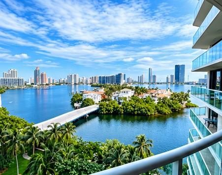 Private balcony with glass panel railing and panoramic waterfront and city skyline scenery