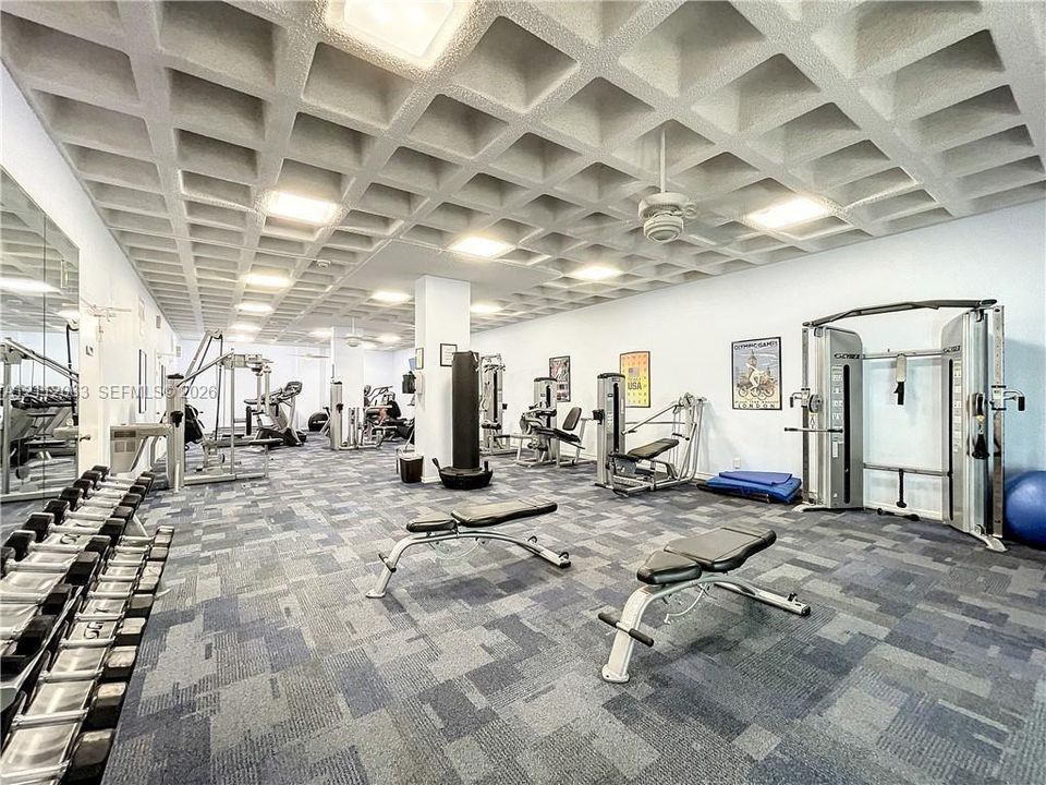Spacious recreation room featuring a geometric coffered ceiling, inset recessed lighting, expansive wall-to-wall mirrors, and industrial-grade carpeting