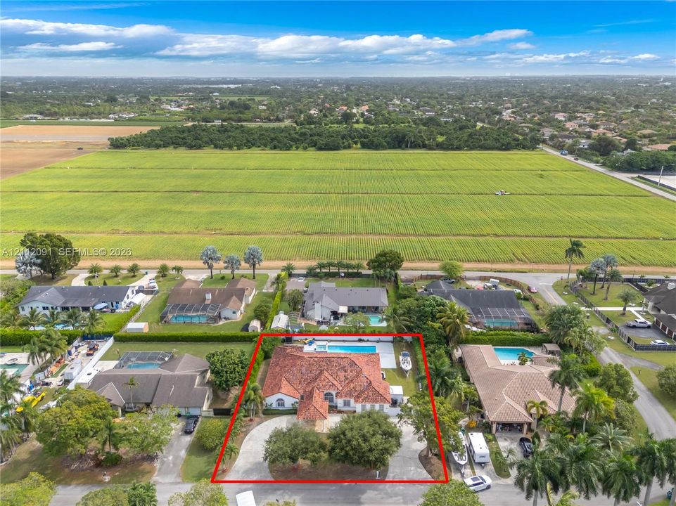Single-story residence featuring a tile roof, circular driveway, swimming pool, and mature perimeter landscaping