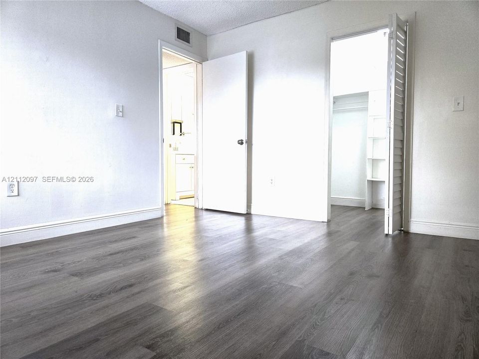 Wood-finish flooring, neutral walls, walk-in closet with louvered doors, and solid-core interior doors