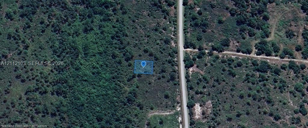 Aerial perspective of a parcel featuring dense natural vegetation and proximity to a paved roadway