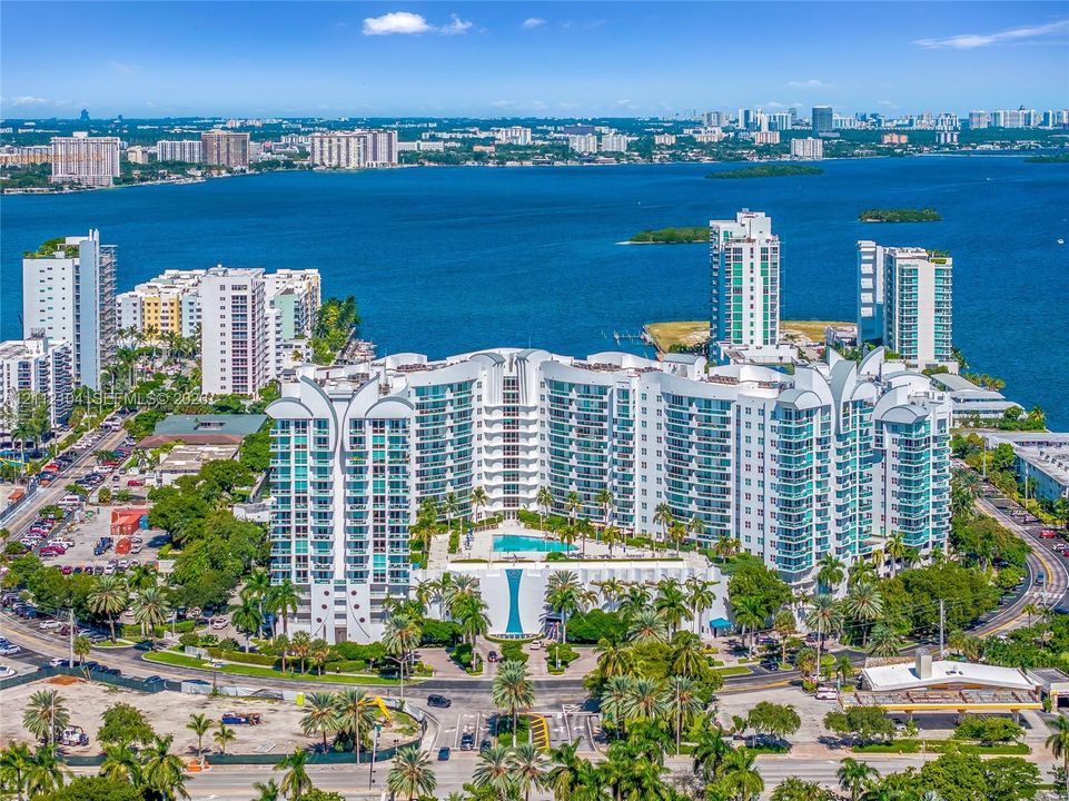 Aerial perspective of a high-rise residential complex featuring waterfront positioning, expansive glass balcony railings, a centralized outdoor swimming pool, and mature palm tree landscaping