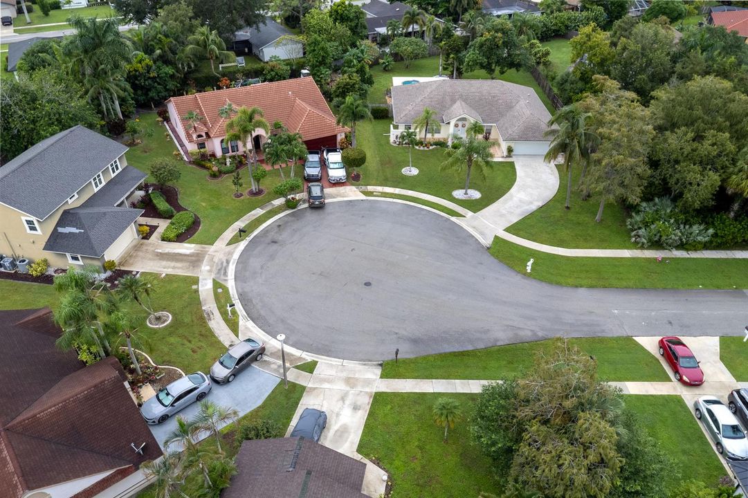 Drone view of cul de sac and home