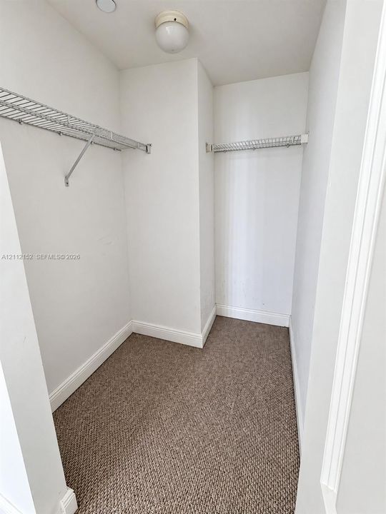 Storage area featuring neutral carpeting, white walls, dual wire shelving units, and a flush-mount ceiling fixture