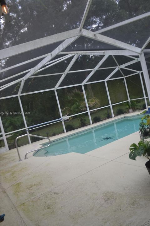 Screened-in patio enclosure featuring a swimming pool with integrated steps and a metal handrail