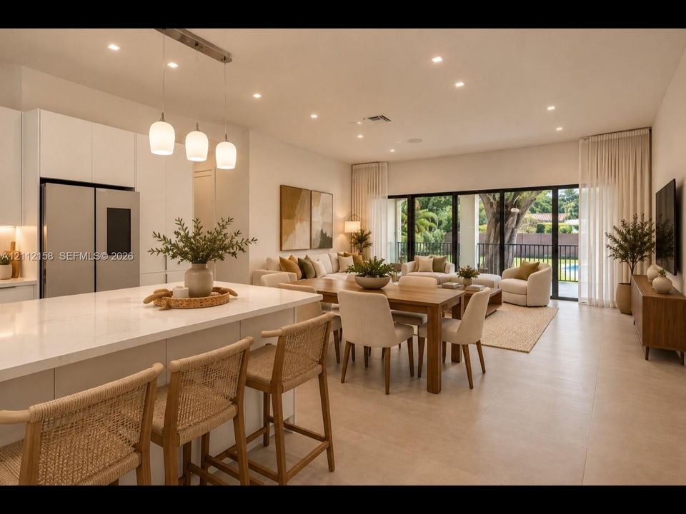 (Digitally staged) Light-filled open floor plan with quartz countertops, statement triple-pendant lighting, and sliding glass doors