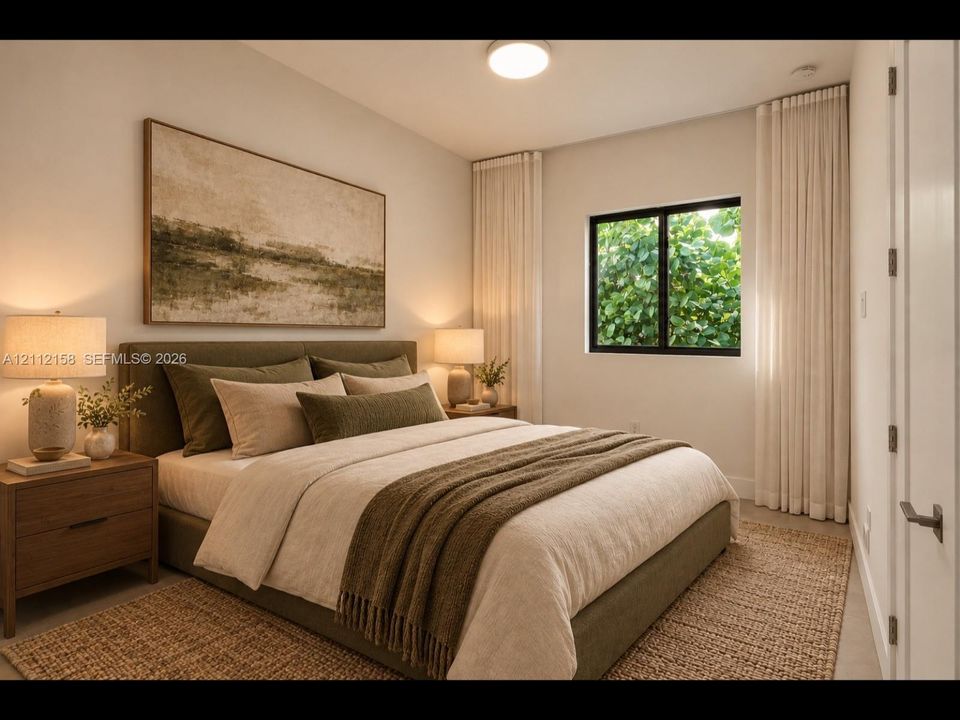 (Digitally staged) Peaceful bedroom with a black-framed window, floor-to-ceiling curtains, and a soft neutral palette